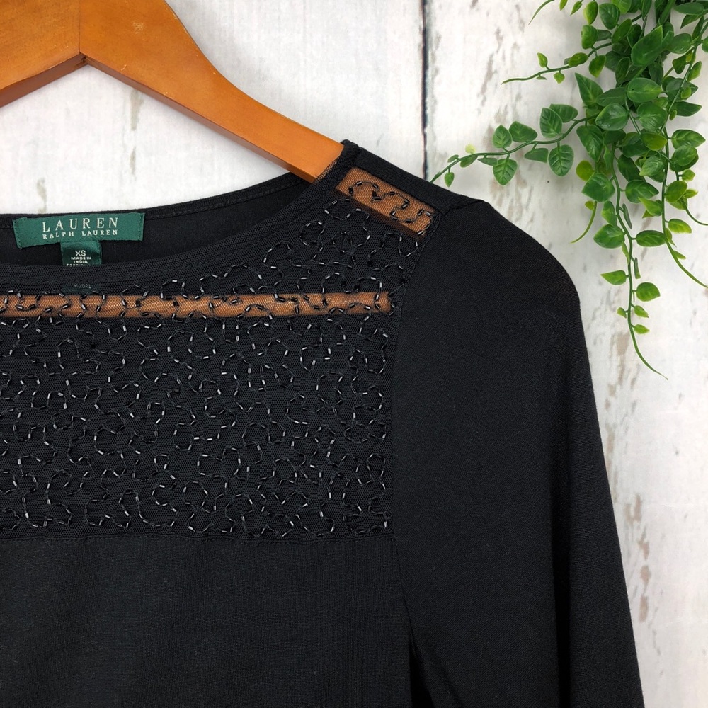Ralph Lauren Beaded Sheer Panel 3/4 Sleeve Top